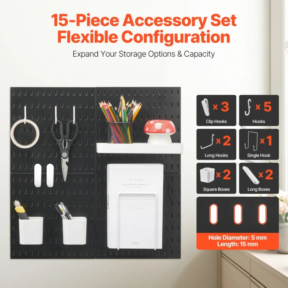 VEVOR Pegboard Combination Kit, 11" x 11" Plastic Pegboard, 4 Panels, Peg Board Wall Organizer Kit with Accessories, for Garage Tool Storage Kitchen Living Room Craft Room Office Bathroom Home, Black