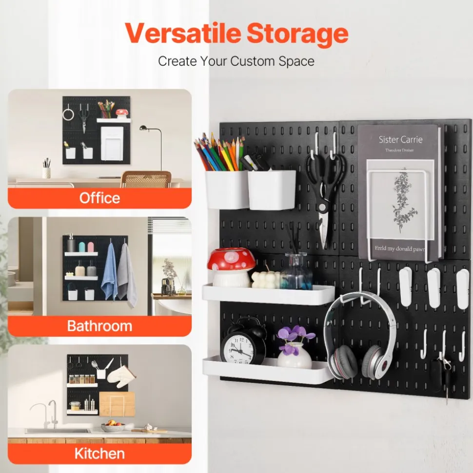VEVOR Pegboard Combination Kit, 11" x 11" Plastic Pegboard, 4 Panels, Peg Board Wall Organizer Kit with Accessories, for Garage Tool Storage Kitchen Living Room Craft Room Office Bathroom Home, Black