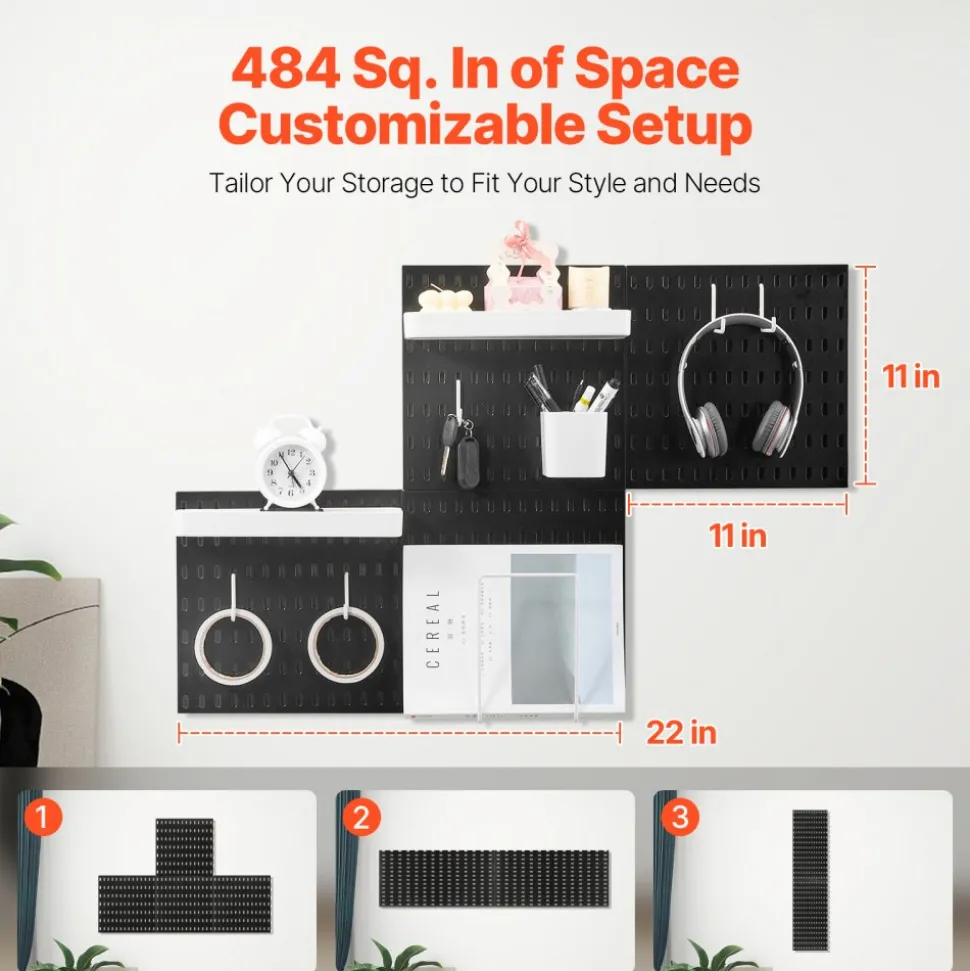 VEVOR Pegboard Combination Kit, 11" x 11" Plastic Pegboard, 4 Panels, Peg Board Wall Organizer Kit with Accessories, for Garage Tool Storage Kitchen Living Room Craft Room Office Bathroom Home, Black