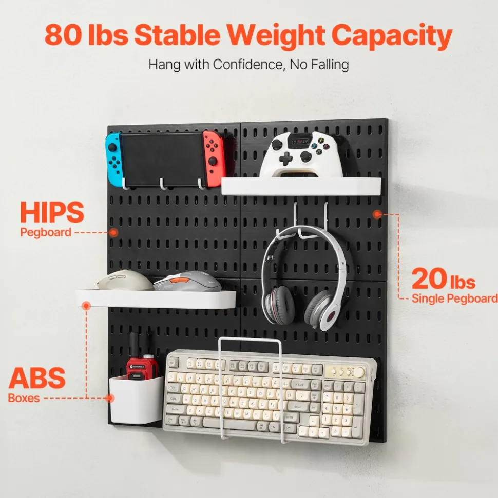 VEVOR Pegboard Combination Kit, 11" x 11" Plastic Pegboard, 4 Panels, Peg Board Wall Organizer Kit with Accessories, for Garage Tool Storage Kitchen Living Room Craft Room Office Bathroom Home, Black