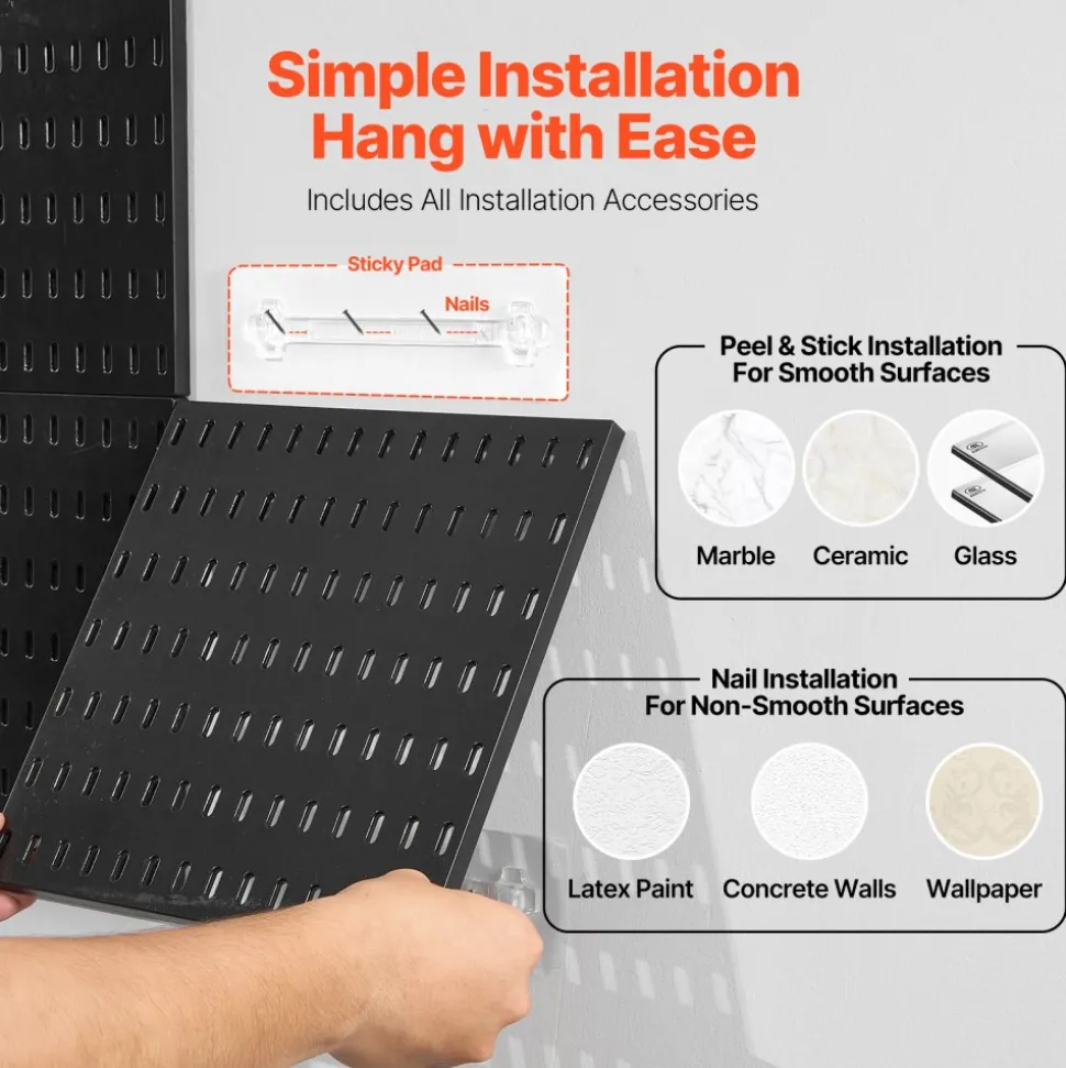 VEVOR Pegboard Combination Kit, 11" x 11" Plastic Pegboard, 4 Panels, Peg Board Wall Organizer Kit with Accessories, for Garage Tool Storage Kitchen Living Room Craft Room Office Bathroom Home, Black