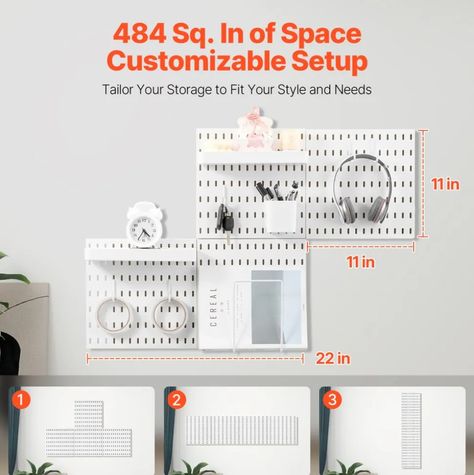 VEVOR Pegboard Combination Kit, 11" x 11" Plastic Pegboard, 4 Panels, Peg Board Wall Organizer Kit with Accessories, for Garage Tool Storage Kitchen Living Room Craft Room Office Bathroom Home, White
