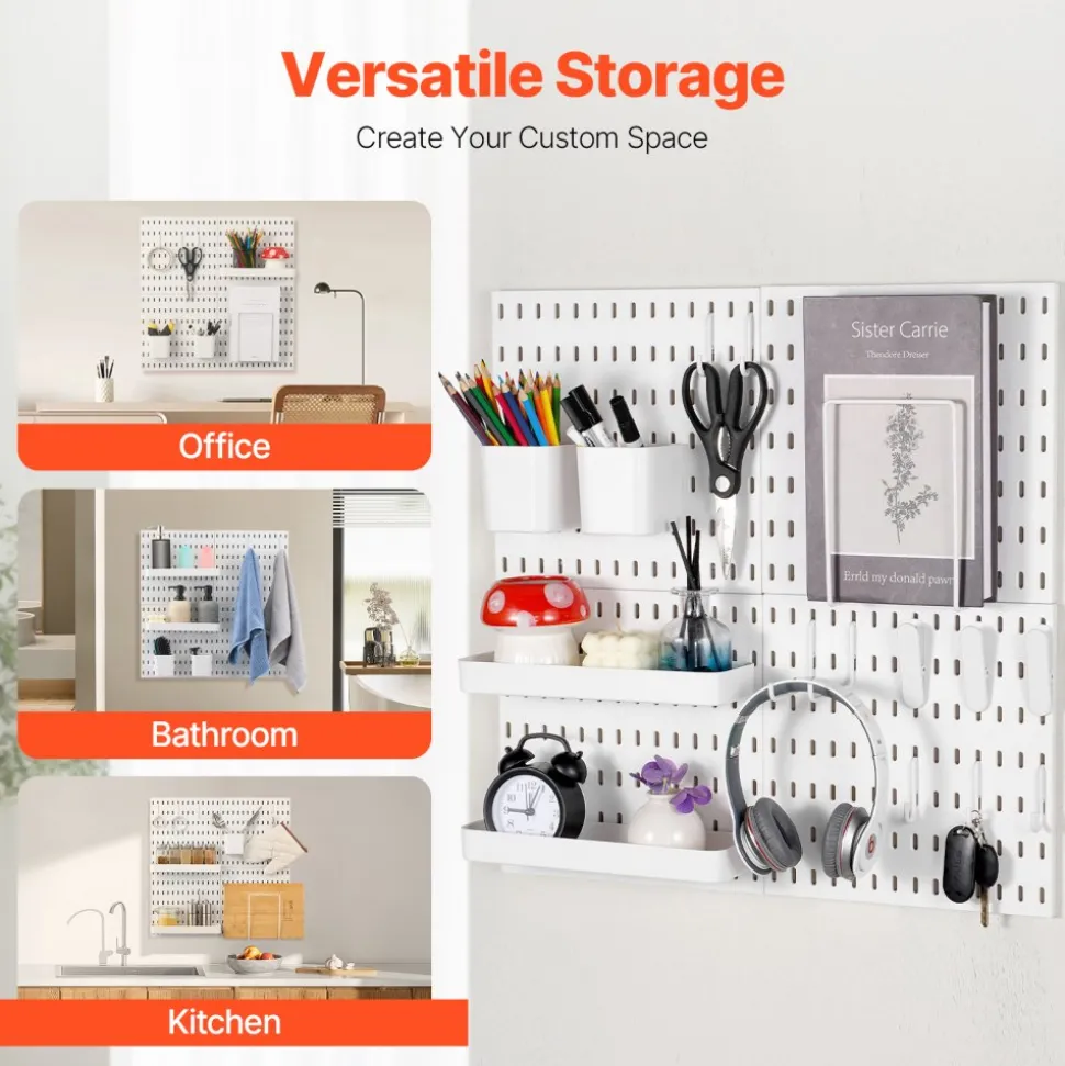 VEVOR Pegboard Combination Kit, 11" x 11" Plastic Pegboard, 4 Panels, Peg Board Wall Organizer Kit with Accessories, for Garage Tool Storage Kitchen Living Room Craft Room Office Bathroom Home, White