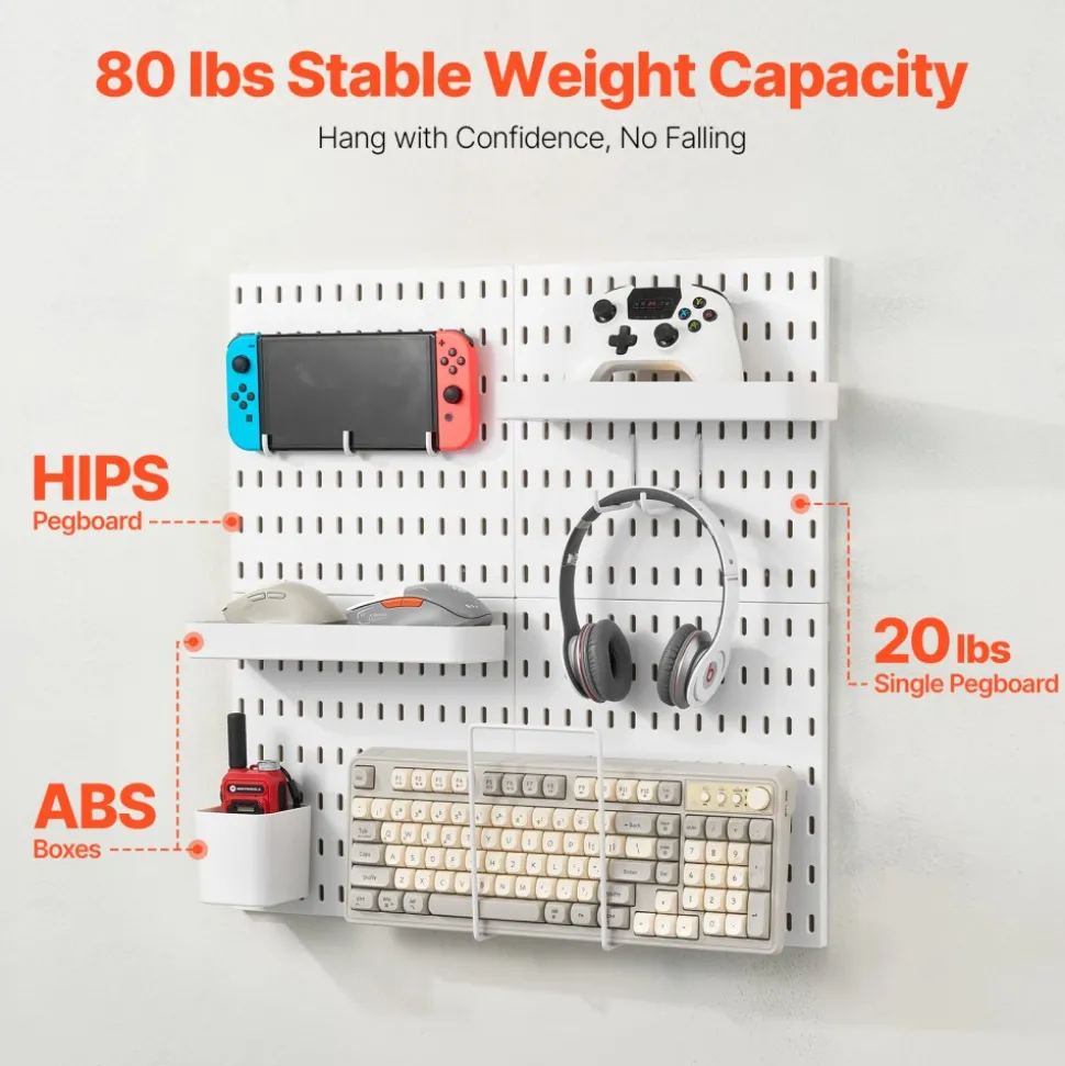 VEVOR Pegboard Combination Kit, 11" x 11" Plastic Pegboard, 4 Panels, Peg Board Wall Organizer Kit with Accessories, for Garage Tool Storage Kitchen Living Room Craft Room Office Bathroom Home, White