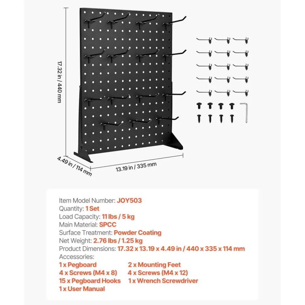 VEVOR Pegboard Display Stand, 17 x 13 Inch Tabletop Pegboard Display Stand with 15 Hooks, Thickened Cold-Rolled Steel Peg Board Panel for Grocery, Retail Store and Jewelry Shop, Black (1 PCS)