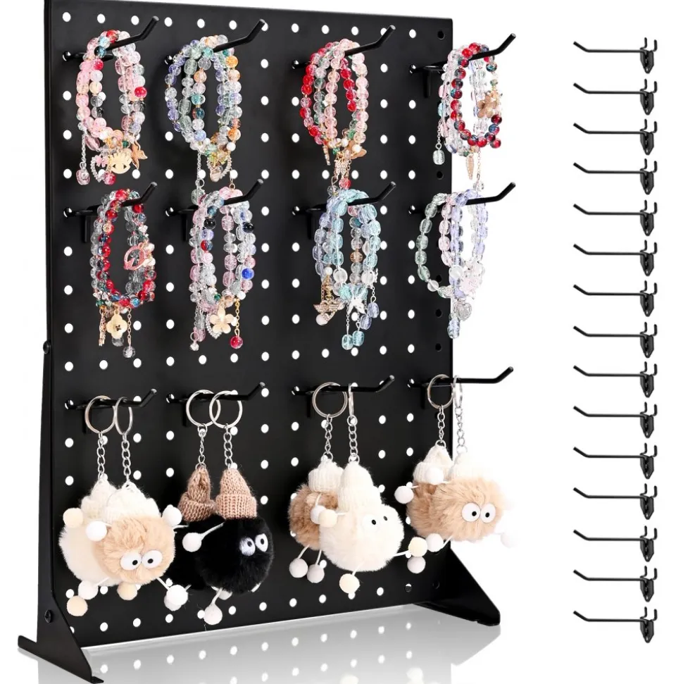 VEVOR Pegboard Display Stand, 17 x 13 Inch Tabletop Pegboard Display Stand with 15 Hooks, Thickened Cold-Rolled Steel Peg Board Panel for Grocery, Retail Store and Jewelry Shop, Black (1 PCS)