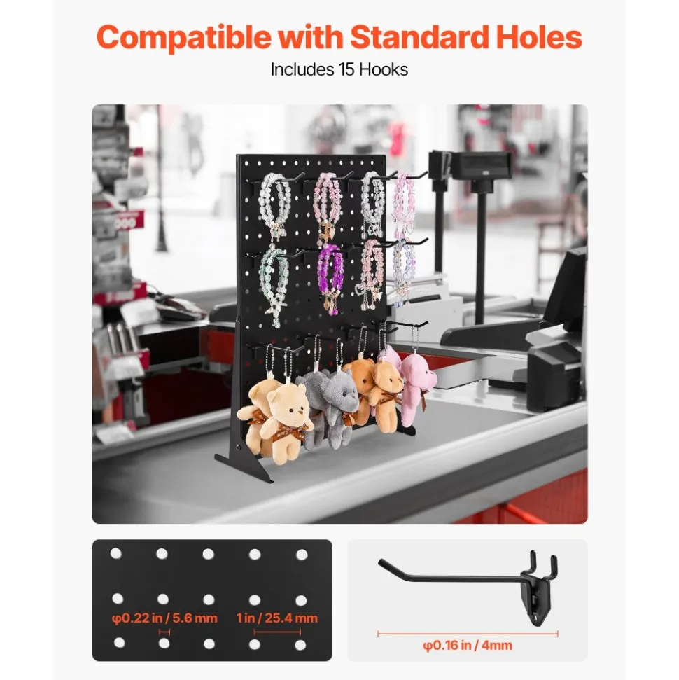 VEVOR Pegboard Display Stand, 17 x 13 Inch Tabletop Pegboard Display Stand with 15 Hooks, Thickened Cold-Rolled Steel Peg Board Panel for Grocery, Retail Store and Jewelry Shop, Black (1 PCS)
