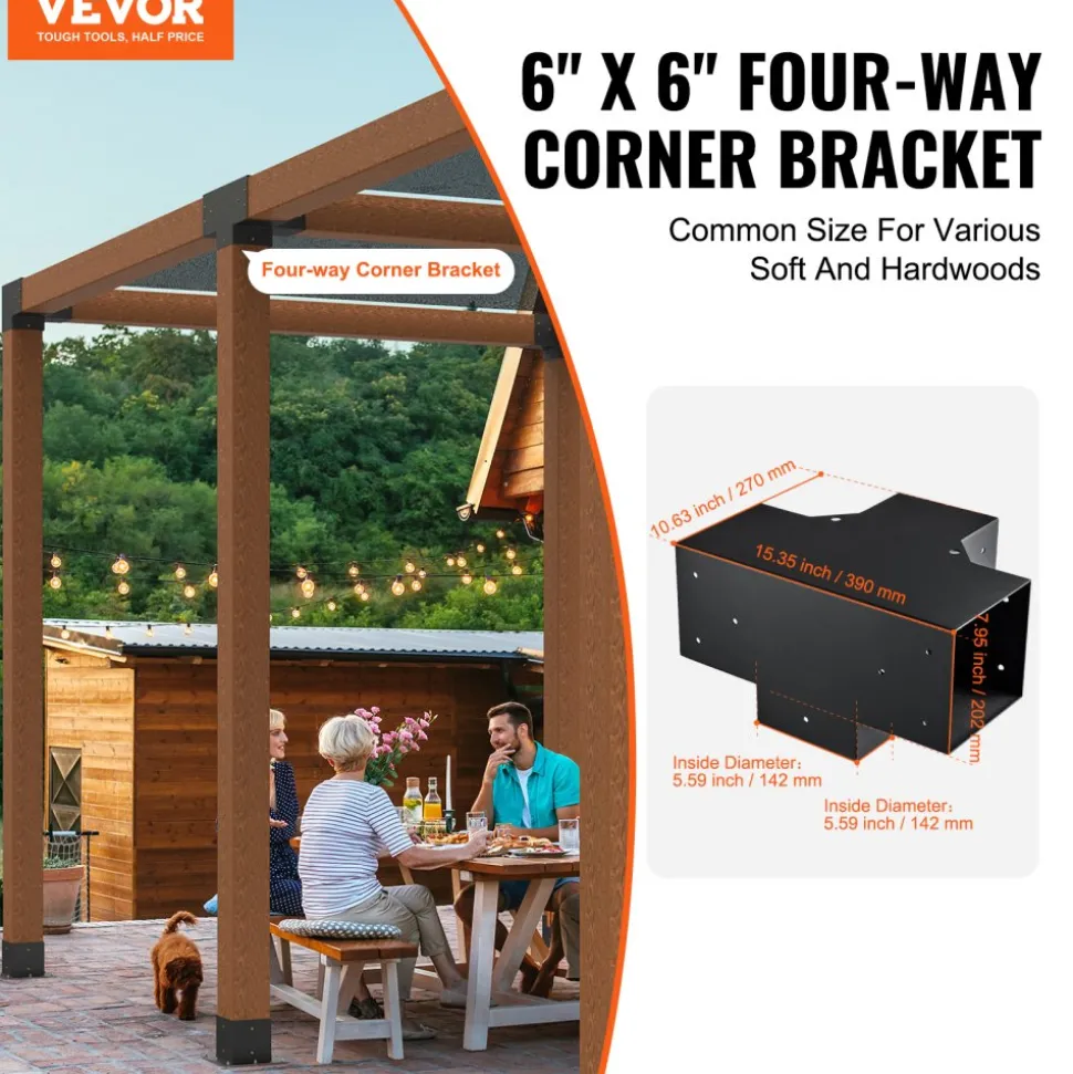 VEVOR Pergola Bracket Kit 6''x6''(Inner Size 5.6x5.6), 2pcs 4-Way Heavy Duty Corner Bracket Woodworks DIY Post Base Kit, Easy Installation Wooden Beams for Gazebos, Patio Pergolas, Log Cabin Outdoor