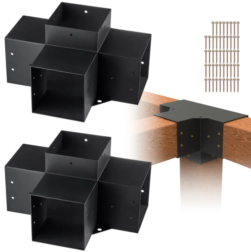 VEVOR Pergola Bracket Kit 6''x6''(Inner Size 5.6x5.6), 2pcs 4-Way Heavy Duty Corner Bracket Woodworks DIY Post Base Kit, Easy Installation Wooden Beams for Gazebos, Patio Pergolas, Log Cabin Outdoor