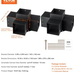 VEVOR Pergola Bracket Kit 6''x6''(Inner Size 5.6x5.6), 2pcs 4-Way Heavy Duty Corner Bracket Woodworks DIY Post Base Kit, Easy Installation Wooden Beams for Gazebos, Patio Pergolas, Log Cabin Outdoor