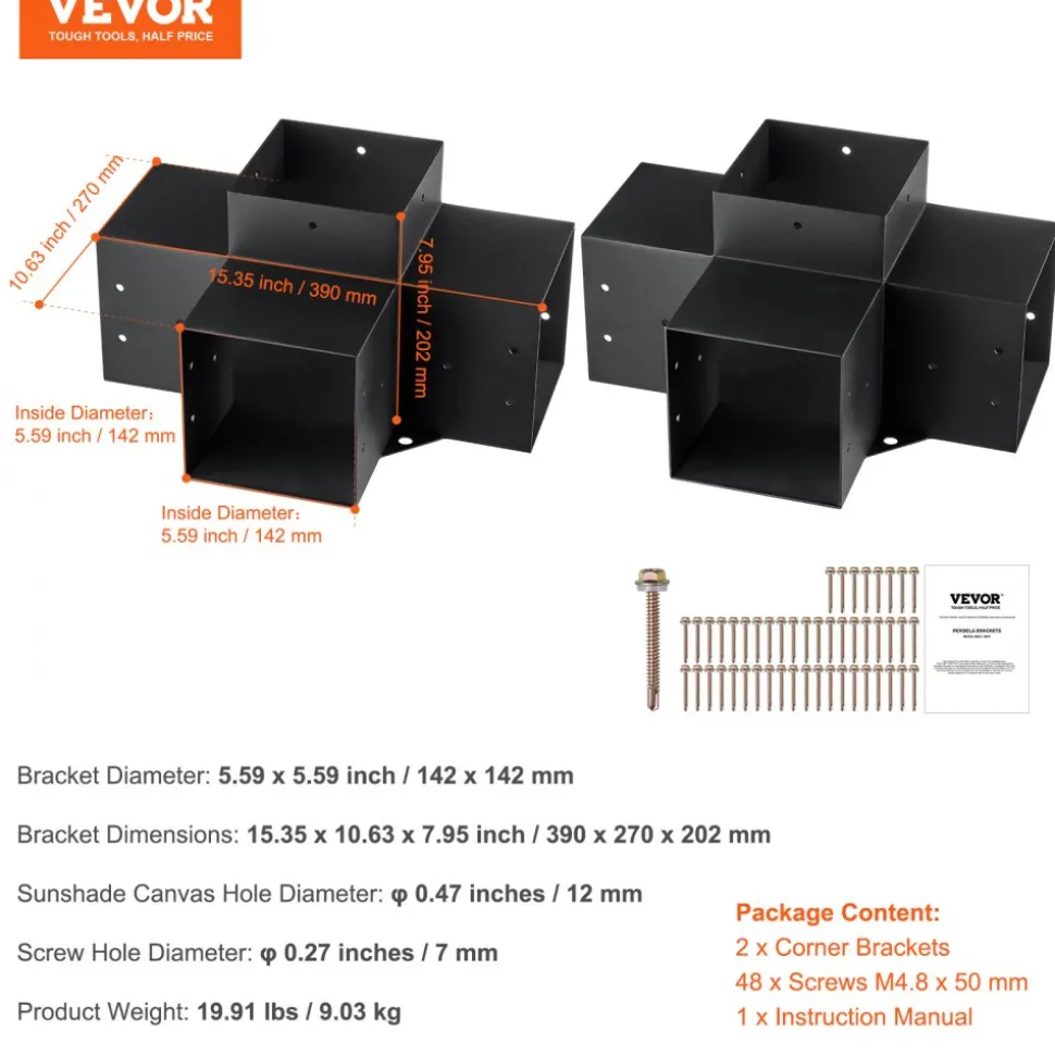 VEVOR Pergola Bracket Kit 6''x6''(Inner Size 5.6x5.6), 2pcs 4-Way Heavy Duty Corner Bracket Woodworks DIY Post Base Kit, Easy Installation Wooden Beams for Gazebos, Patio Pergolas, Log Cabin Outdoor