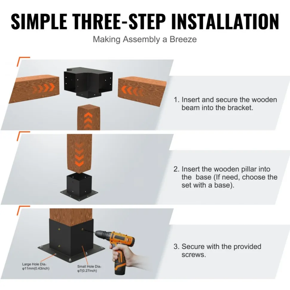 VEVOR Pergola Bracket Kit 6''x6''(Inner Size 5.6x5.6), 2pcs 4-Way Heavy Duty Corner Bracket Woodworks DIY Post Base Kit, Easy Installation Wooden Beams for Gazebos, Patio Pergolas, Log Cabin Outdoor