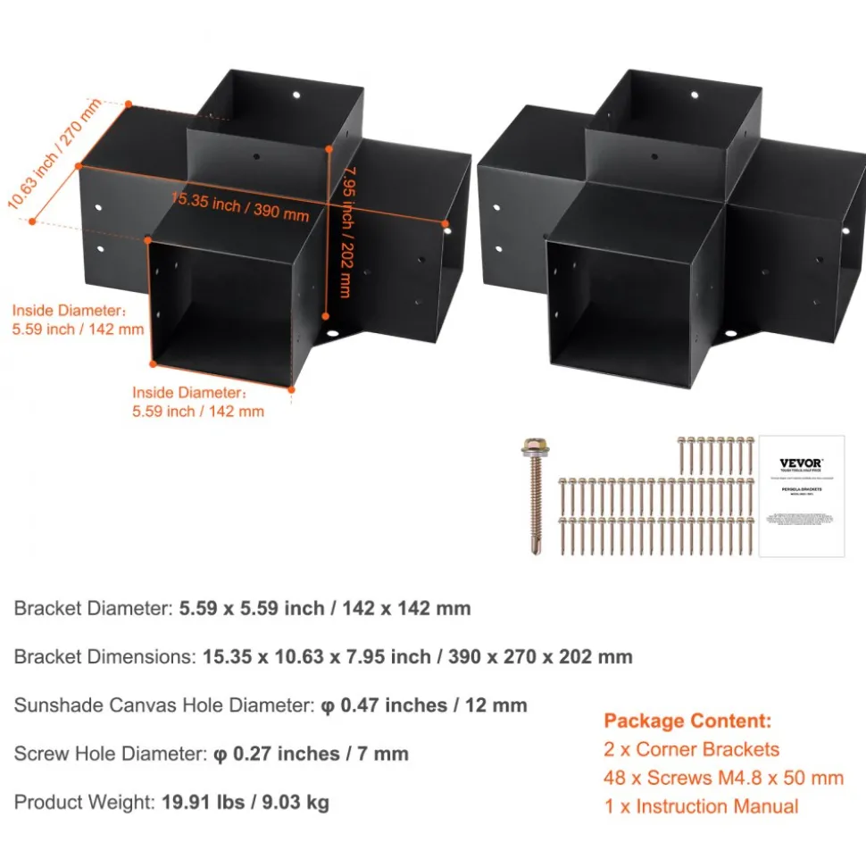 VEVOR Pergola Bracket Kit 6''x6''(Inner Size 5.6x5.6), 2pcs 4-Way Heavy Duty Corner Bracket Woodworks DIY Post Base Kit, Easy Installation Wooden Beams for Gazebos, Patio Pergolas, Log Cabin Outdoor