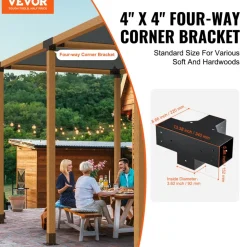 VEVOR Pergola Bracket Kit 4''x4''(Inner Size 3.6x3.6), 2pcs 4-Way Heavy Duty Corner Bracket Woodworks DIY Post Base Kit, Easy Installation Wooden Beams for Gazebos, Patio Pergolas, Log Cabin Outdoor