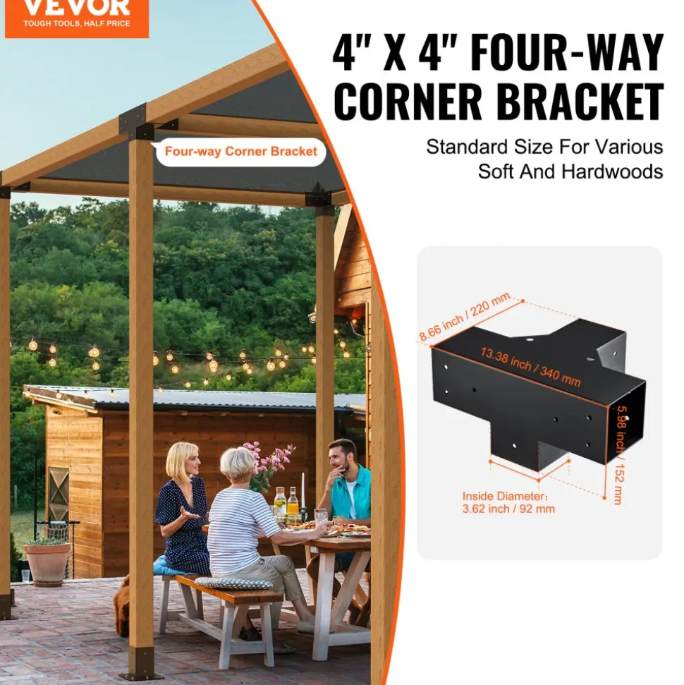 VEVOR Pergola Bracket Kit 4''x4''(Inner Size 3.6x3.6), 2pcs 4-Way Heavy Duty Corner Bracket Woodworks DIY Post Base Kit, Easy Installation Wooden Beams for Gazebos, Patio Pergolas, Log Cabin Outdoor