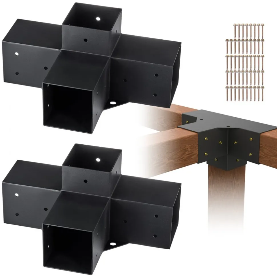 VEVOR Pergola Bracket Kit 4''x4''(Inner Size 3.6x3.6), 2pcs 4-Way Heavy Duty Corner Bracket Woodworks DIY Post Base Kit, Easy Installation Wooden Beams for Gazebos, Patio Pergolas, Log Cabin Outdoor