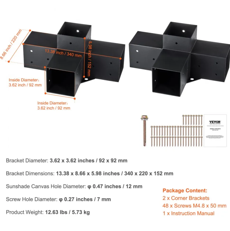 VEVOR Pergola Bracket Kit 4''x4''(Inner Size 3.6x3.6), 2pcs 4-Way Heavy Duty Corner Bracket Woodworks DIY Post Base Kit, Easy Installation Wooden Beams for Gazebos, Patio Pergolas, Log Cabin Outdoor
