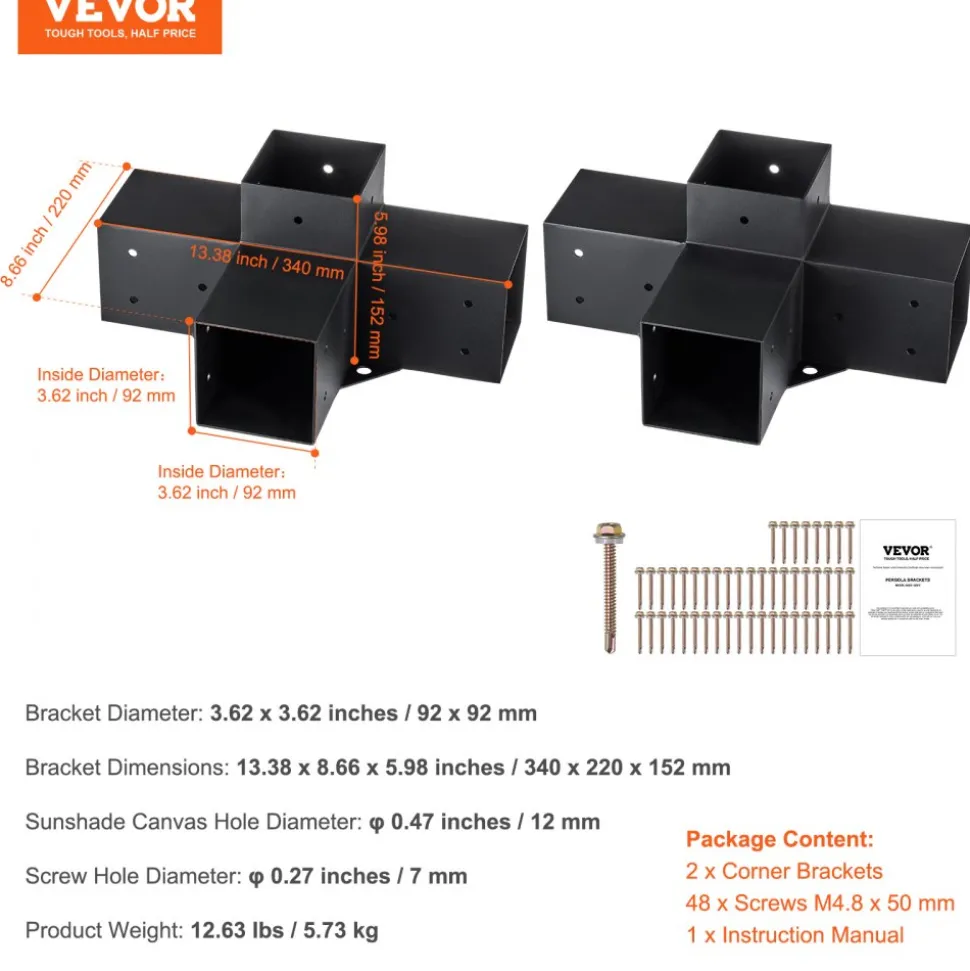 VEVOR Pergola Bracket Kit 4''x4''(Inner Size 3.6x3.6), 2pcs 4-Way Heavy Duty Corner Bracket Woodworks DIY Post Base Kit, Easy Installation Wooden Beams for Gazebos, Patio Pergolas, Log Cabin Outdoor