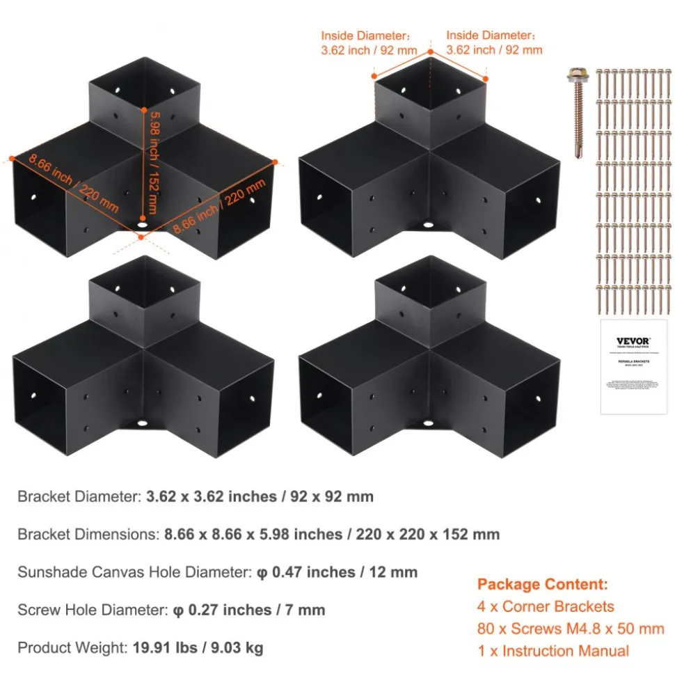 VEVOR Pergola Bracket Kit 4''x4''(Inner Size 3.6x3.6), 4pcs 3-Way Heavy Duty Corner Bracket Woodworks DIY Post Base Kit, Easy Installation Wooden Beams for Gazebos, Patio Pergolas, Log Cabin Outdoor