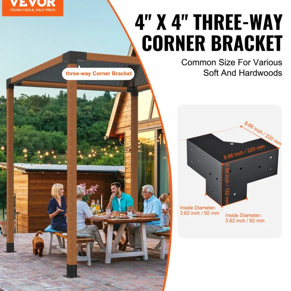 VEVOR Pergola Bracket Kit 4''x4''(Inner Size 3.6x3.6), 4pcs 3-Way Heavy Duty Corner Bracket Woodworks DIY Post Base Kit, Easy Installation Wooden Beams for Gazebos, Patio Pergolas, Log Cabin Outdoor