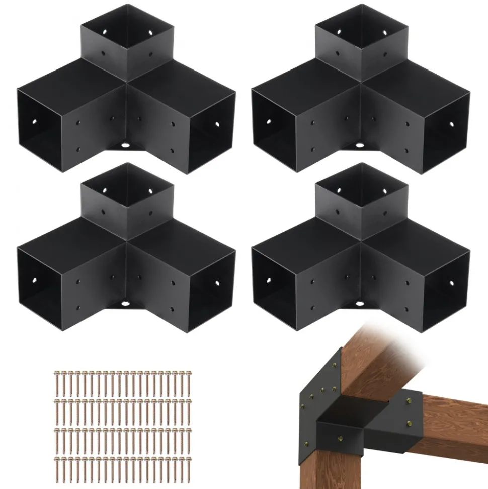 VEVOR Pergola Bracket Kit 4''x4''(Inner Size 3.6x3.6), 4pcs 3-Way Heavy Duty Corner Bracket Woodworks DIY Post Base Kit, Easy Installation Wooden Beams for Gazebos, Patio Pergolas, Log Cabin Outdoor