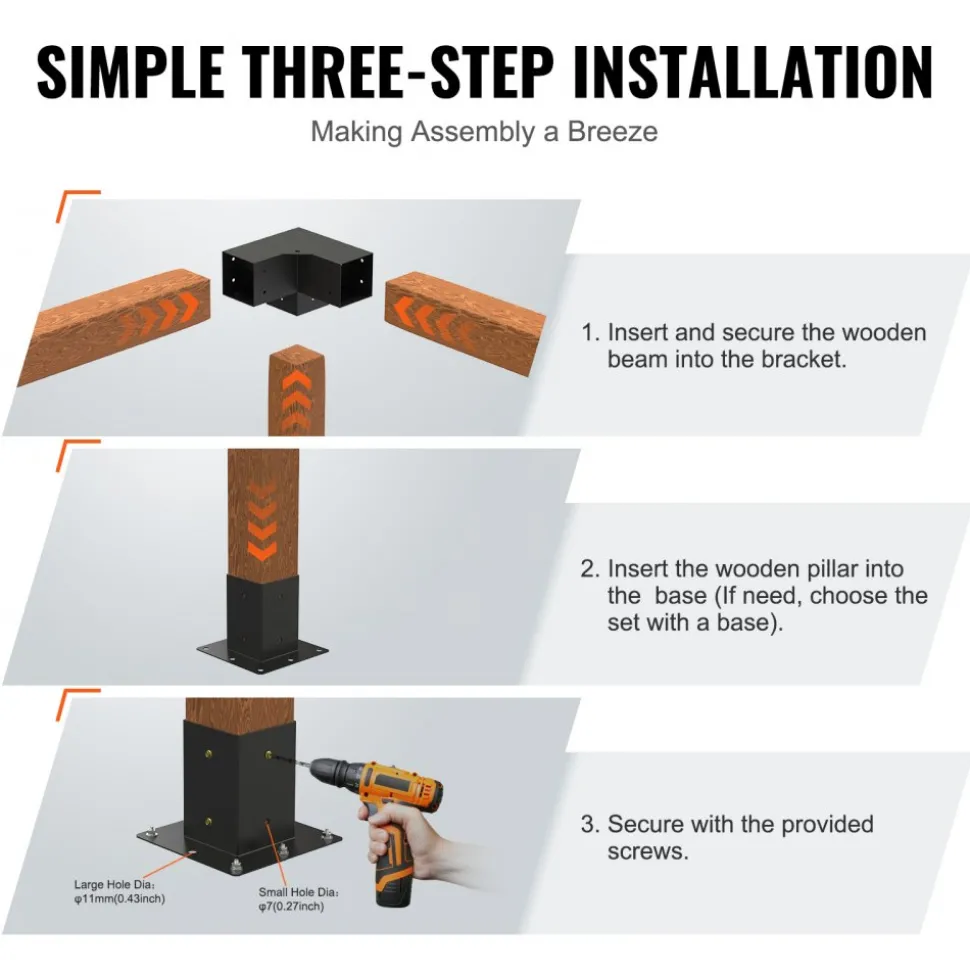 VEVOR Pergola Bracket Kit 4''x4''(Inner Size 3.6x3.6), 4pcs 3-Way Heavy Duty Corner Bracket Woodworks DIY Post Base Kit, Easy Installation Wooden Beams for Gazebos, Patio Pergolas, Log Cabin Outdoor