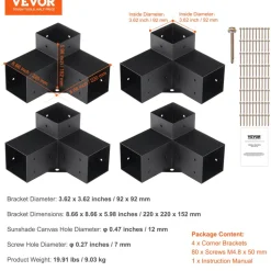 VEVOR Pergola Bracket Kit 4''x4''(Inner Size 3.6x3.6), 4pcs 3-Way Heavy Duty Corner Bracket Woodworks DIY Post Base Kit, Easy Installation Wooden Beams for Gazebos, Patio Pergolas, Log Cabin Outdoor