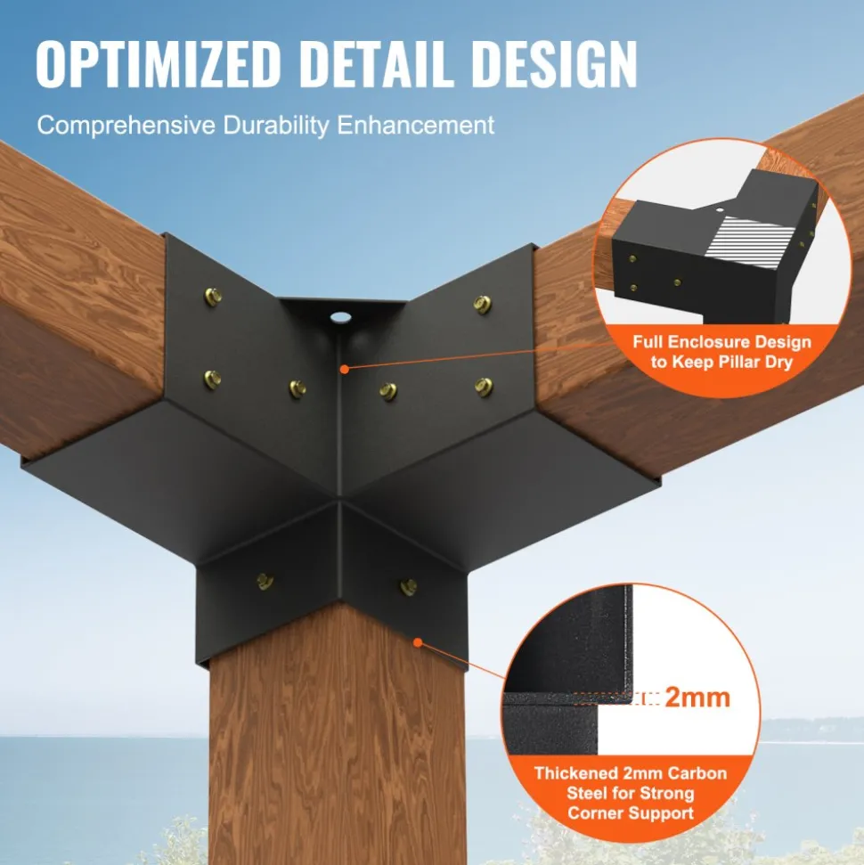 VEVOR Pergola Bracket Kit 4''x4''(Inner Size 3.6x3.6), 4pcs 3-Way Heavy Duty Corner Bracket Woodworks DIY Post Base Kit, Easy Installation Wooden Beams for Gazebos, Patio Pergolas, Log Cabin Outdoor