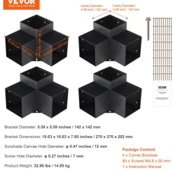 VEVOR Pergola Bracket Kit 6''x6''(Inner Size 5.6x5.6), 4pcs 3-Way Heavy Duty Corner Bracket Woodworks DIY Post Base Kit, Easy Installation Wooden Beams for Gazebos, Patio Pergolas, Log Cabin Outdoor