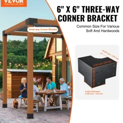 VEVOR Pergola Bracket Kit 6''x6''(Inner Size 5.6x5.6), 4pcs 3-Way Heavy Duty Corner Bracket Woodworks DIY Post Base Kit, Easy Installation Wooden Beams for Gazebos, Patio Pergolas, Log Cabin Outdoor