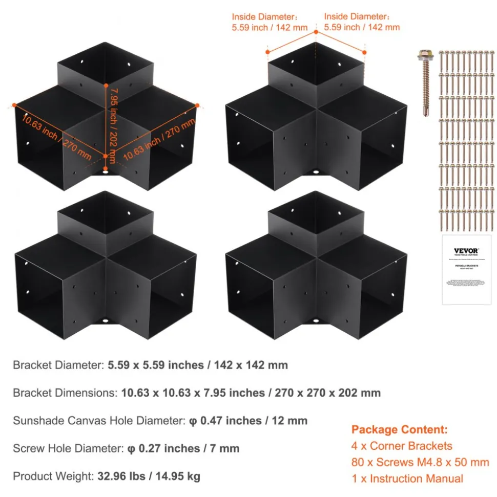 VEVOR Pergola Bracket Kit 6''x6''(Inner Size 5.6x5.6), 4pcs 3-Way Heavy Duty Corner Bracket Woodworks DIY Post Base Kit, Easy Installation Wooden Beams for Gazebos, Patio Pergolas, Log Cabin Outdoor