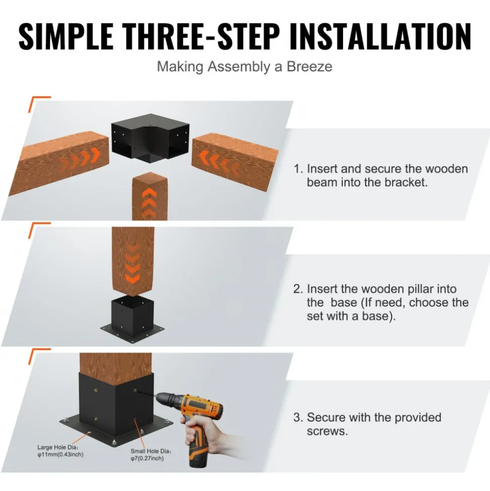 VEVOR Pergola Bracket Kit 6''x6''(Inner Size 5.6x5.6), 4pcs 3-Way Heavy Duty Corner Bracket Woodworks DIY Post Base Kit, Easy Installation Wooden Beams for Gazebos, Patio Pergolas, Log Cabin Outdoor