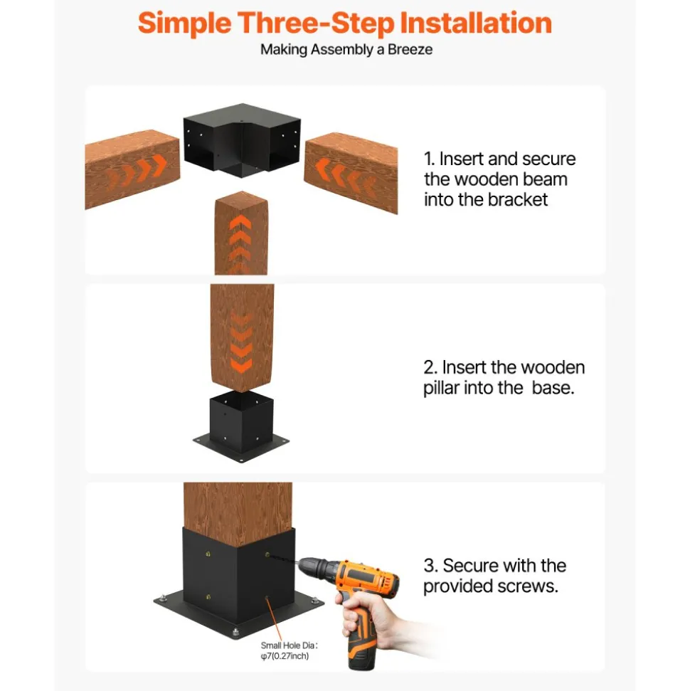 VEVOR Pergola Bracket Kit, 6x6 Inch (Inner Size 5.5x5.5), 4 Pcs 3-Way Heavy Duty Corner Bracket Woodworks DIY Post Base Kit, Easy Installation Wooden Beams for Gazebos, Patio Pergolas, Log Cabin