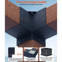 VEVOR Pergola Bracket Kit, 6x6 Inch (Inner Size 5.5x5.5), 4 Pcs 3-Way Heavy Duty Corner Bracket Woodworks DIY Post Base Kit, Easy Installation Wooden Beams for Gazebos, Patio Pergolas, Log Cabin