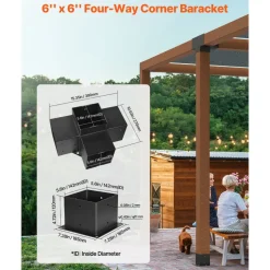VEVOR Pergola Bracket Kit, 6x6 Inch (Inner Size 5.5x5.5), 2 Pcs 4-Way Heavy Duty Corner Bracket Woodworks DIY Post Base Kit, Easy Installation Wooden Beams for Gazebos, Patio Pergolas, Log Cabin