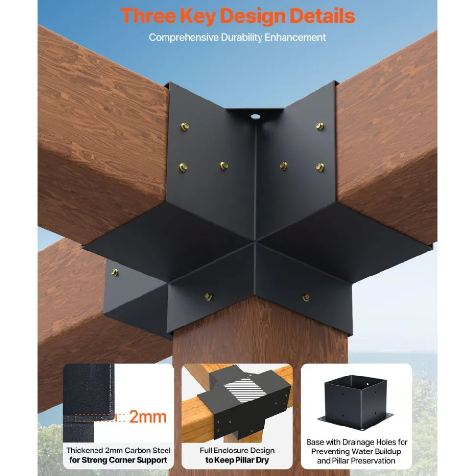 VEVOR Pergola Bracket Kit, 6x6 Inch (Inner Size 5.5x5.5), 2 Pcs 4-Way Heavy Duty Corner Bracket Woodworks DIY Post Base Kit, Easy Installation Wooden Beams for Gazebos, Patio Pergolas, Log Cabin