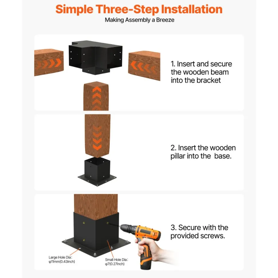 VEVOR Pergola Bracket Kit, 6x6 Inch (Inner Size 5.5x5.5), 2 Pcs 4-Way Heavy Duty Corner Bracket Woodworks DIY Post Base Kit, Easy Installation Wooden Beams for Gazebos, Patio Pergolas, Log Cabin