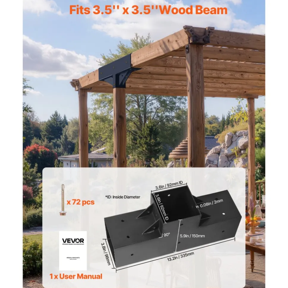VEVOR Pergola Kit 4-Pack, T-Shaped 4x4 (Actual 3.5x3.5 Inch), 3-Way Pergola Brackets DIY Woodworking Gazebo Bracket Kit with Screws for 3.5x3.5 Inch Wood Beams in Actual Size for Outdoor Party Banquet