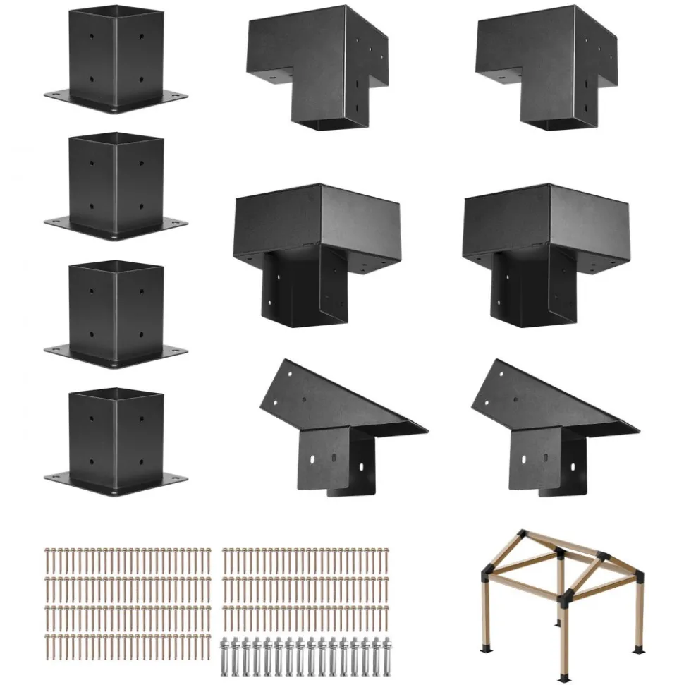 VEVOR Pergola Kit, 4x4 Inch Pointed-Roof Pergola Brackets for 3.5x3.5 In Lumbers in Actual Size, 3-Way / 4-Way Gazebo Bracket with Post Bases & Ridge Brackets for Outdoor Pergolas Gazebo Shed, 14 Pcs