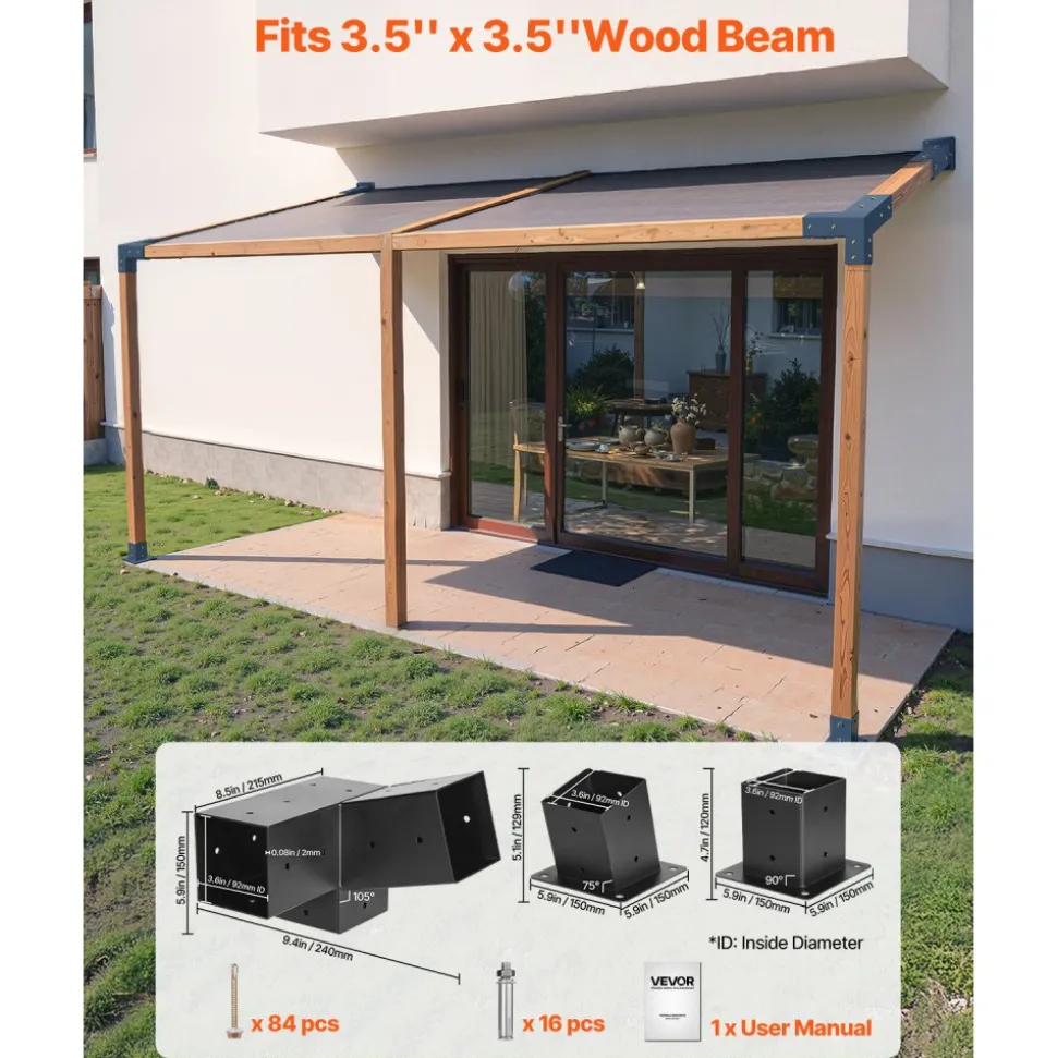 VEVOR Pergola Kit, 4x4 Inch 3-Way Slanted Brackets for 3.5x3.5 Inch Wood Beams in Actual Size, 2-Pack Pergola Brackets with 2 Post Bases and 2 Wall Mount Bases, for Outdoor Pergolas, Gazebos, Sheds