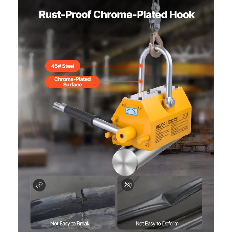 VEVOR Permanent Magnetic Lifter, 2200 lbs Pulling Capacity, Heavy Duty N42 Neodymium Lifting Magnet with Release Handle and Steel Hook, Used in Shop Crane and Hoist, for Lifting Plate Steel, Board