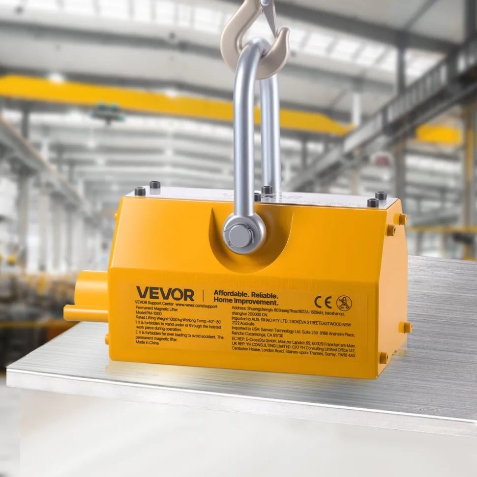 VEVOR Permanent Magnetic Lifter, 2200 lbs Pulling Capacity, Heavy Duty N42 Neodymium Lifting Magnet with Release Handle and Steel Hook, Used in Shop Crane and Hoist, for Lifting Plate Steel, Board
