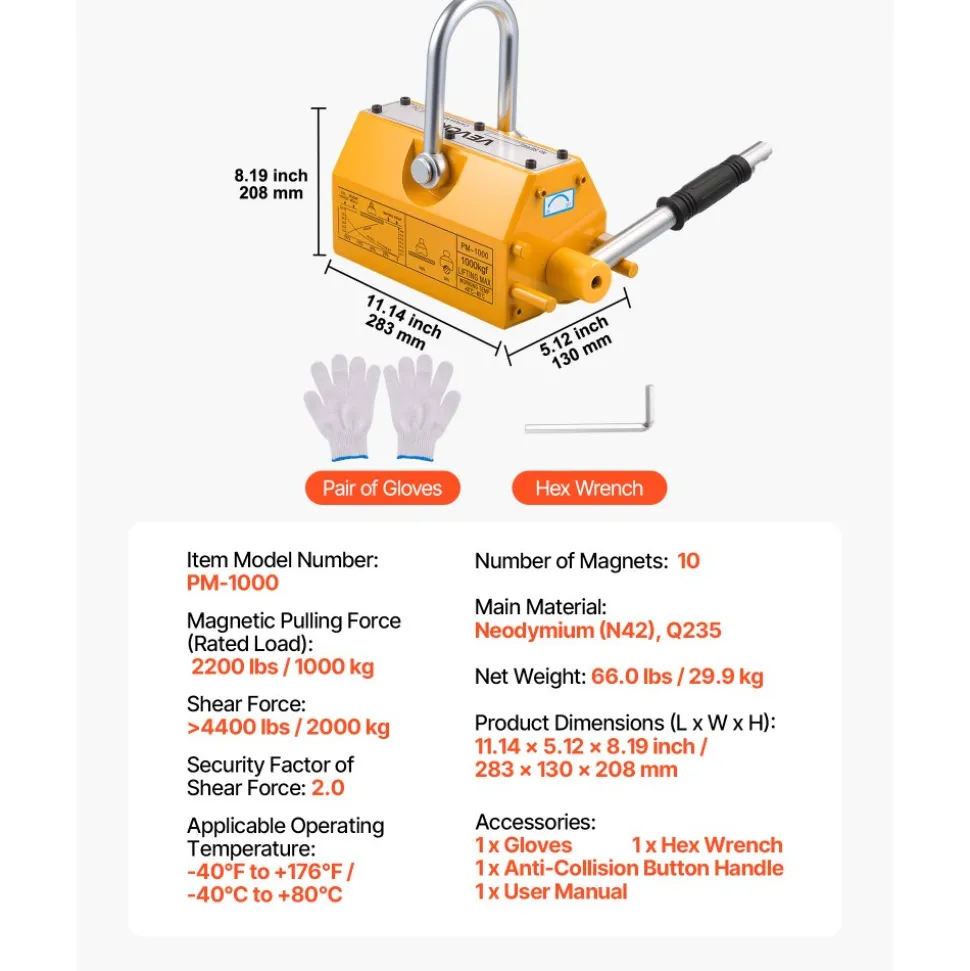 VEVOR Permanent Magnetic Lifter, 2200 lbs Pulling Capacity, Heavy Duty N42 Neodymium Lifting Magnet with Release Handle and Steel Hook, Used in Shop Crane and Hoist, for Lifting Plate Steel, Board