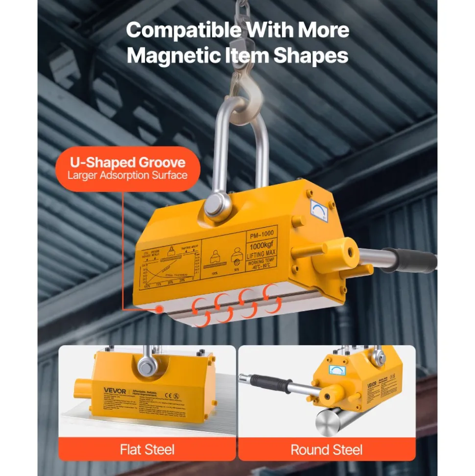 VEVOR Permanent Magnetic Lifter, 2200 lbs Pulling Capacity, Heavy Duty N42 Neodymium Lifting Magnet with Release Handle and Steel Hook, Used in Shop Crane and Hoist, for Lifting Plate Steel, Board