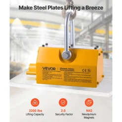 VEVOR Permanent Magnetic Lifter, 2200 lbs Pulling Capacity, Heavy Duty N42 Neodymium Lifting Magnet with Release Handle and Steel Hook, Used in Shop Crane and Hoist, for Lifting Plate Steel, Board