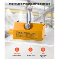 VEVOR Permanent Magnetic Lifter, 1320 lbs Pulling Capacity, Heavy Duty N42 Neodymium Lifting Magnet with Release Handle and Steel Hook, Used in Shop Crane and Hoist, for Lifting Plate Steel, Board