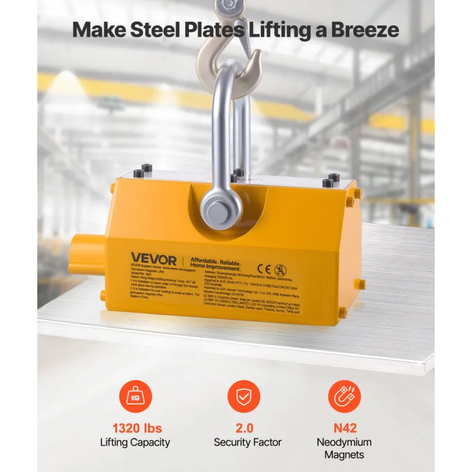 VEVOR Permanent Magnetic Lifter, 1320 lbs Pulling Capacity, Heavy Duty N42 Neodymium Lifting Magnet with Release Handle and Steel Hook, Used in Shop Crane and Hoist, for Lifting Plate Steel, Board
