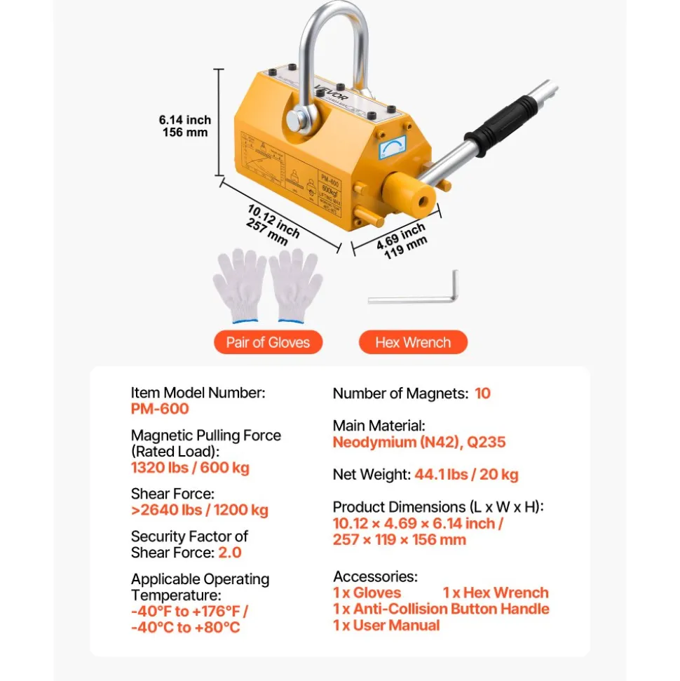 VEVOR Permanent Magnetic Lifter, 1320 lbs Pulling Capacity, Heavy Duty N42 Neodymium Lifting Magnet with Release Handle and Steel Hook, Used in Shop Crane and Hoist, for Lifting Plate Steel, Board