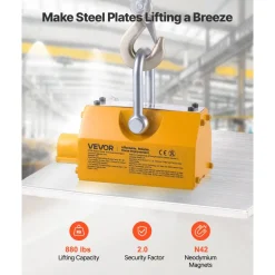 VEVOR Permanent Magnetic Lifter, 880 lbs Pulling Capacity, Heavy Duty N42 Neodymium Lifting Magnet with Release Handle and Steel Hook, Used in Shop Crane and Hoist, for Lifting Plate Steel, Board