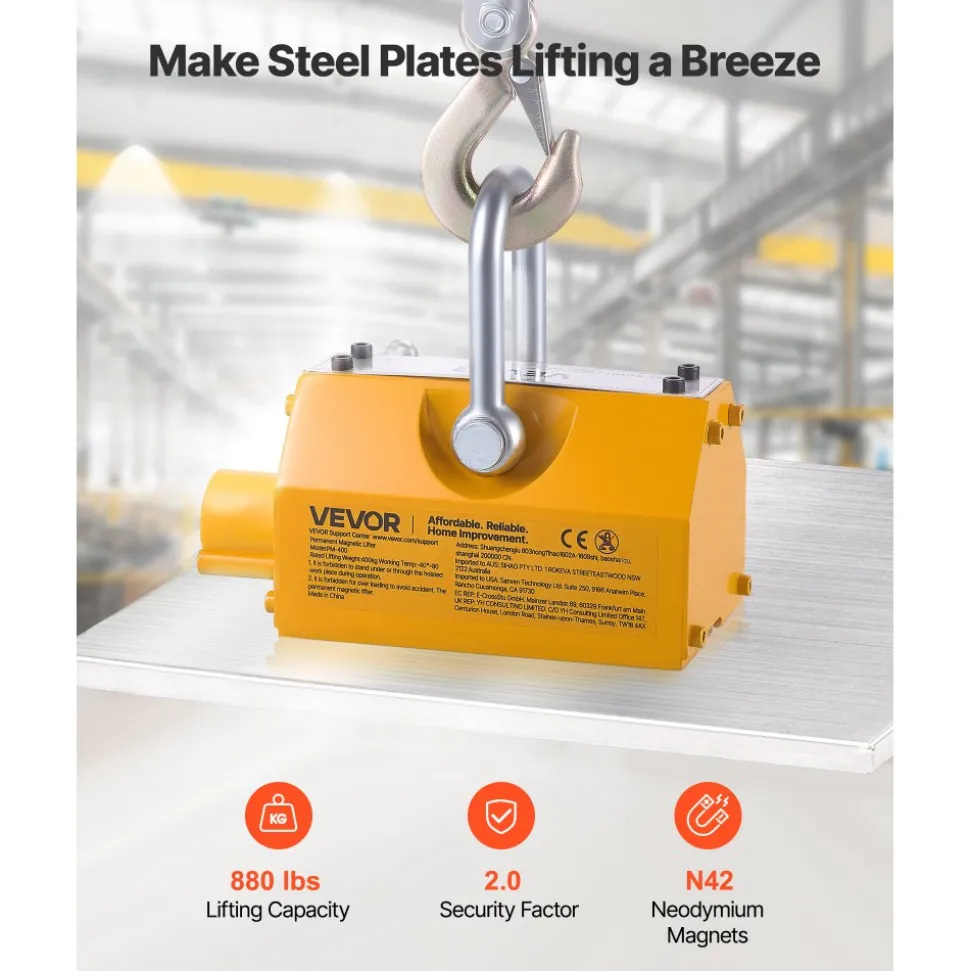 VEVOR Permanent Magnetic Lifter, 880 lbs Pulling Capacity, Heavy Duty N42 Neodymium Lifting Magnet with Release Handle and Steel Hook, Used in Shop Crane and Hoist, for Lifting Plate Steel, Board